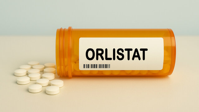 Box of ORLISTAT tablets on a hospital pharmacy table used to support weight loss a lipase inhibitor drug.