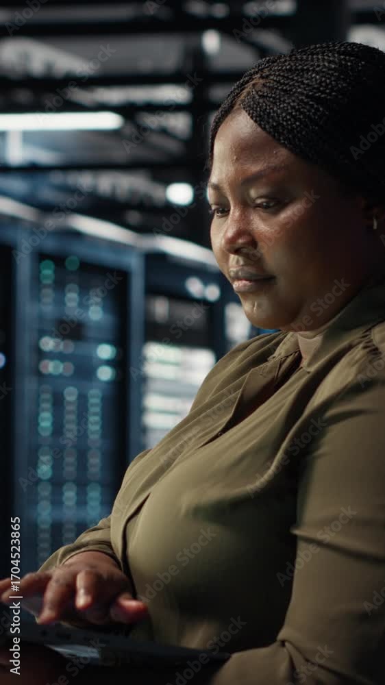 Poster vertical video software developer in data center using laptop to upgrade systems for increased stabi