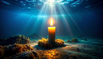 Underwater candle glows brightly