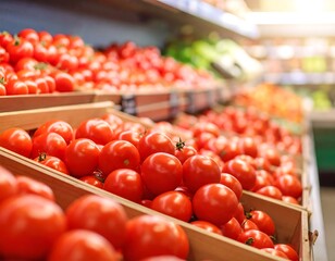 Fresh tomatoes in wooden crates at a grocery store (1)