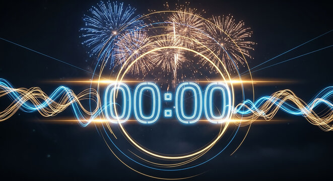 Fireworks exploding behind illuminated countdown timer at midnight