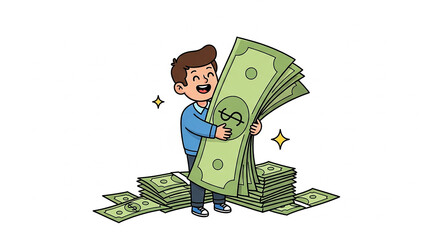 Happy man hugging big stack of money standing on pile of cash