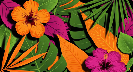 Vibrant tropical flowers and leaves creating lush jungle background