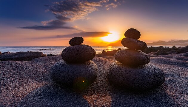 At Sunset Three Stacked Porous Lava Stones