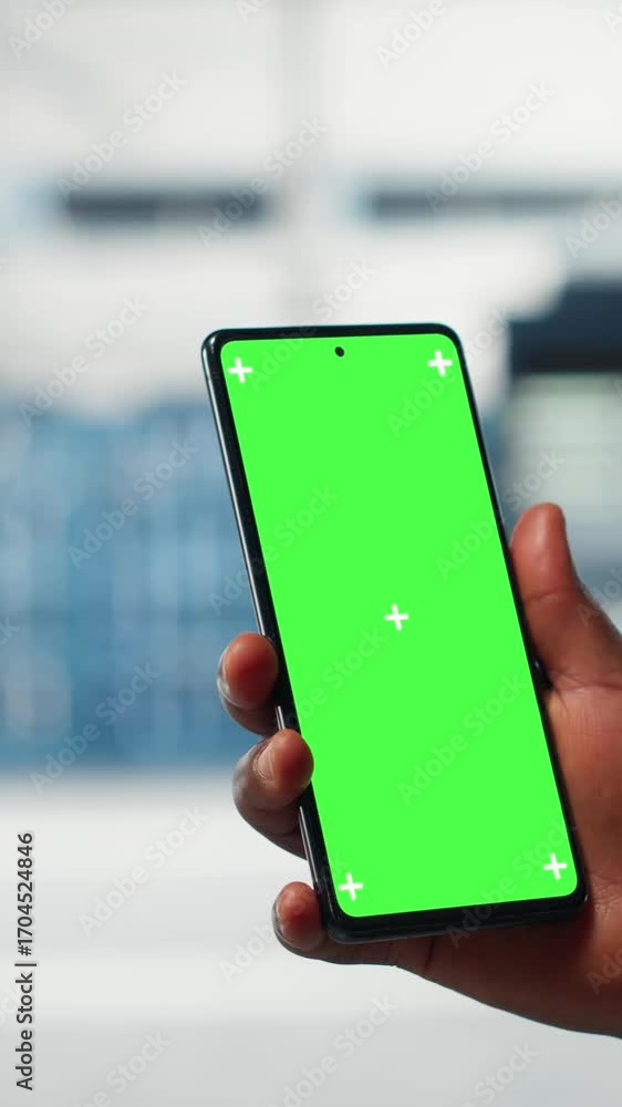 Aufkleber vertical video close up of admin working in data center using isolated screen smartphone to optimize