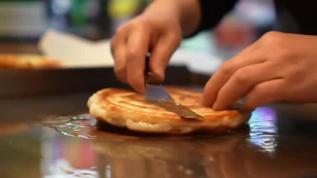 Cutting a golden brown flatbread