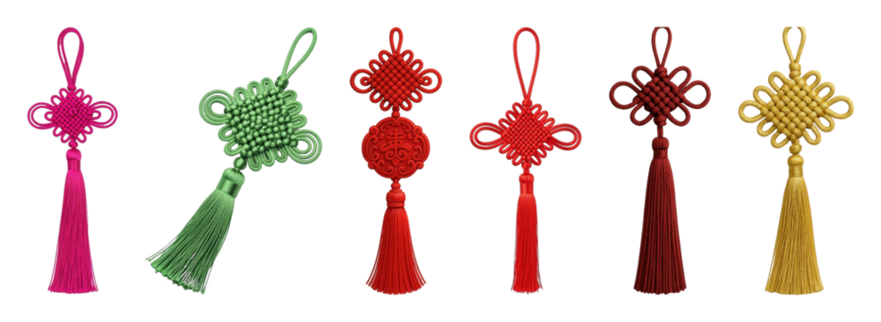 Chinese knot set including square, infinity, and lucky character designs with colorful tassels isolated. Asian cultural decoration and festive elements.