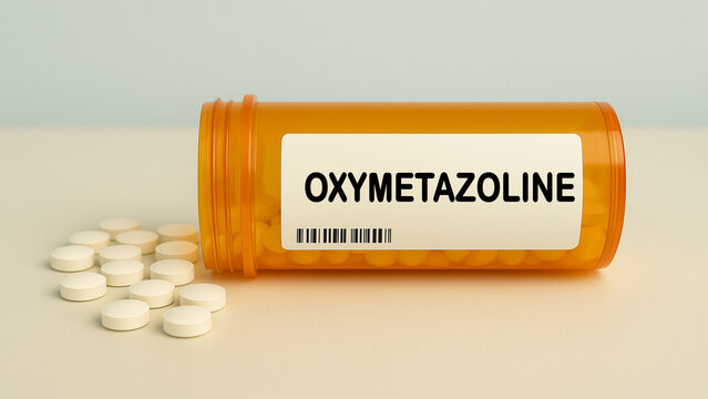 Box of OXYMETAZOLINE tablets on a hospital pharmacy table used to relieve nasal congestion a topical decongestant.