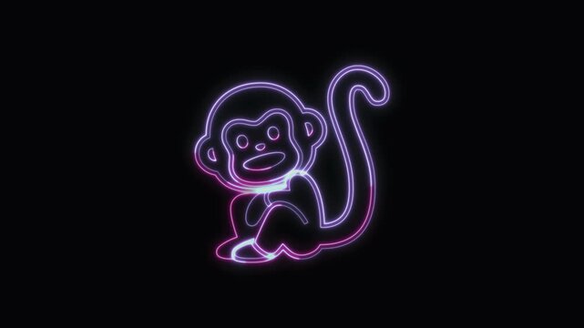  Monkey Icon Neon Seamless Loop 4K with Black Background Animated Promotional Typography for Video Editing