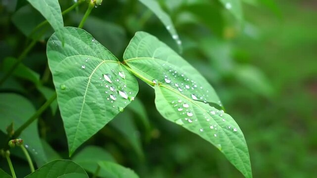 Dew drops on green bean leaves