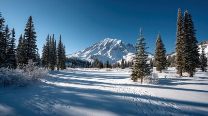 Snowy Mountain and Evergreen Trees