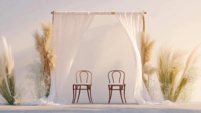 Romantic beach wedding setup with draped altar, wooden chair, and natural decor.