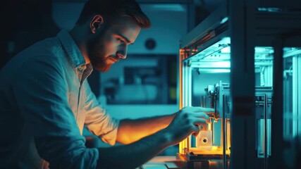 A man is working on a machine in a dark room. He is wearing a white shirt. The machine is lit up