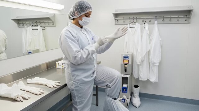 Cleanroom operator standing in gowning area methodically donning all protective gear including gloves hairnet and boot covers to maintain sterile conditions.