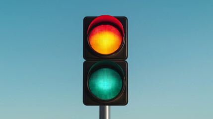 A traffic light displaying red, yellow, and green signals against a clear blue sky, indicating vehicle movement rules.