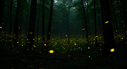 A dark forest filled with glowing fireflies, creating a magical and enchanting night atmosphere