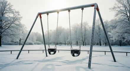 Empty Swingset in Snowy Park on a Cold Winter Day.