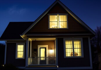 Cozy final moments of a peaceful home, bathed in a warm, inviting glow from its windows, symbolizing a happy and contented Thanksgiving celebration.