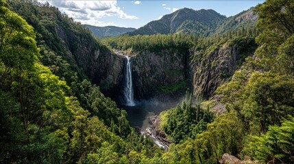 Waterfall in a forested canyon
