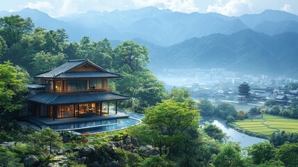 Obraz premium Mountaintop Asian house with infinity pool overlooking valley.