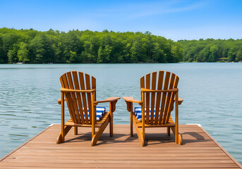 Relaxing scene of two wooden chairs with towels on a wooden dock, perfect for a day of leisure. The calm lake reflects the clear blue sky and lush green trees in the background.