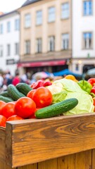 Fresh vegetables displayed in a bustling market scene