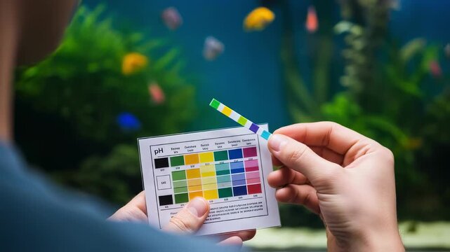 Aquarium enthusiasts hand holding tested water strip at medium distance comparing vibrant color pads to pH chart for precise water quality assessment.