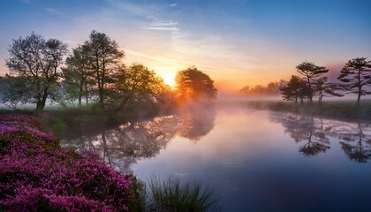 A Serene Sunrise Over A Misty River With Trees And Pink Flowers Reflecting In The Water