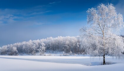 Obraz premium A Serene Winter Landscape Featuring A Snow Covered Birch Tree The Bare Branches Are Dusted