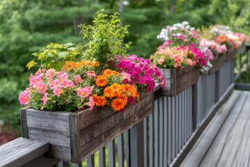 Colorful flower boxes on a deck railing.