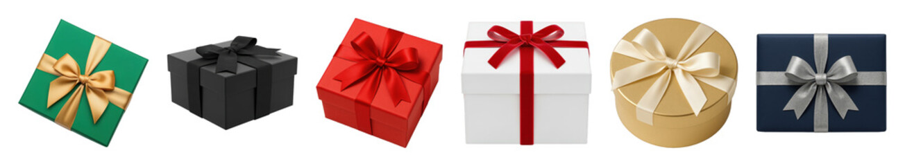Fototapeta premium Gift box set including green, black, red, white, gold, and navy with various ribbons isolated. Perfect for holidays, celebrations, and special occasions.