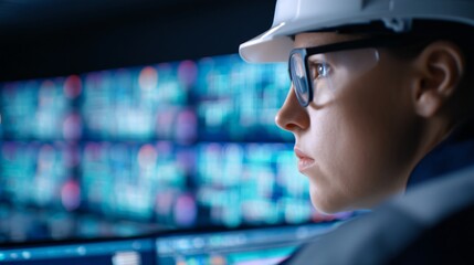 engineer monitoring digital systems inside Critical Infrastructure control room filled with multiple screens. Emphasizing cybersecurity, energy management and essential operations.