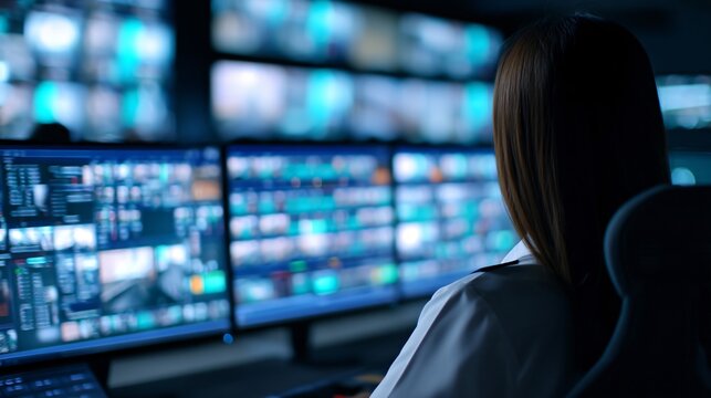 engineer monitoring digital systems inside Critical Infrastructure control room filled with multiple screens. Emphasizing cybersecurity, energy management and essential operations.
