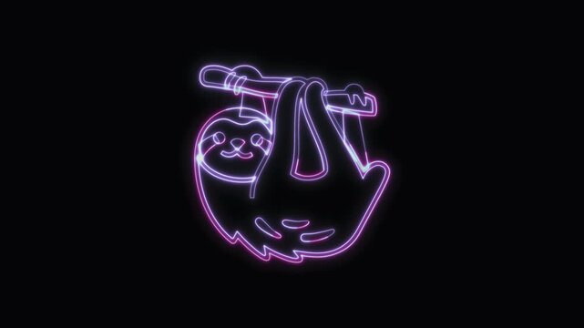  Sloth Icon Neon Seamless Loop 4K with Black Background Animated Promotional Typography for Video Editing