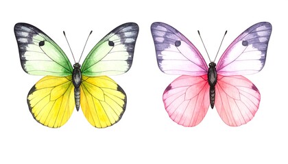 Obraz premium Watercolor illustration featuring two vibrant butterflies; one green and yellow, the other purple and pink, both symmetrical