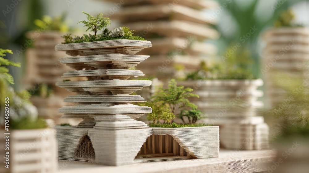 Poster focused medium shot of multilevel 3dprinted modular units showing layered design details with surrou
