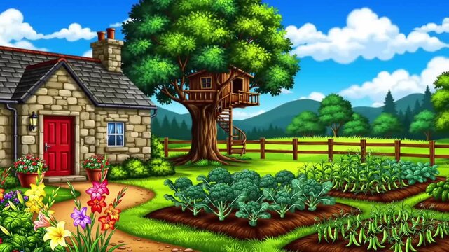 Cartoon house with treehouse garden and vegetables illustration