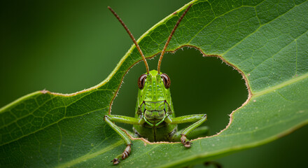 Fototapeta premium A green grasshopper peeks through a bitten leaf hole, showing detailed close-up of its face and antennae