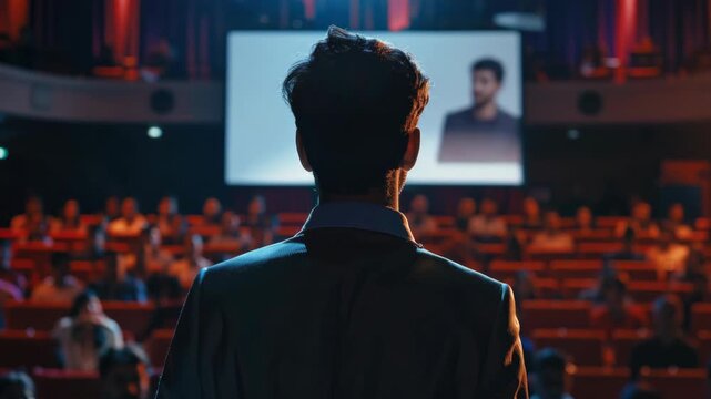 A man standing with his back towards the camera, silhouetted against a projected in a large auditorium, wearing formal attire indicative of a professional setting.