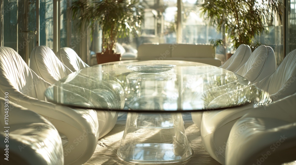 Aufkleber modern dining area with a glass table center in crisp focus surrounded by ergonomically designed cha