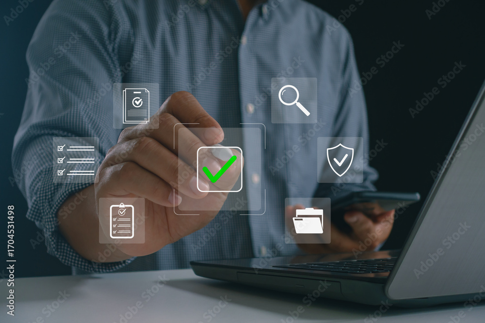 Poster businessman using digital technology to approve documents and verify data with online checklist on l