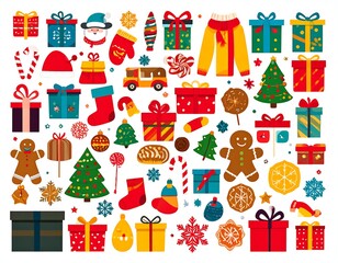 Colorful Christmas-themed illustrations with gifts and decor