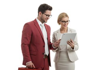 Two business professionals, a man and a woman, collaborate while looking at a tablet device, discussing work on a white background