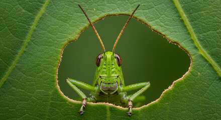 A green grasshopper peeks through a bitten leaf hole, showing detailed close-up of its face and antennae