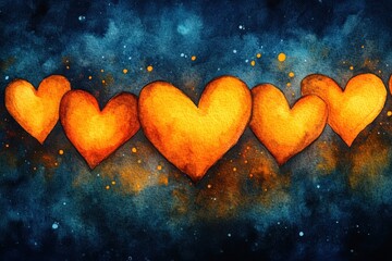 Beautiful Watercolor Orange Hearts on Deep Blue Background - Perfect for Romantic Cards, Valentine's Day, and Digital Love Themes