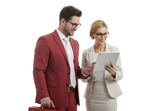 Two business professionals, a man and a woman, collaborate while looking at a tablet device, discussing work on a white background