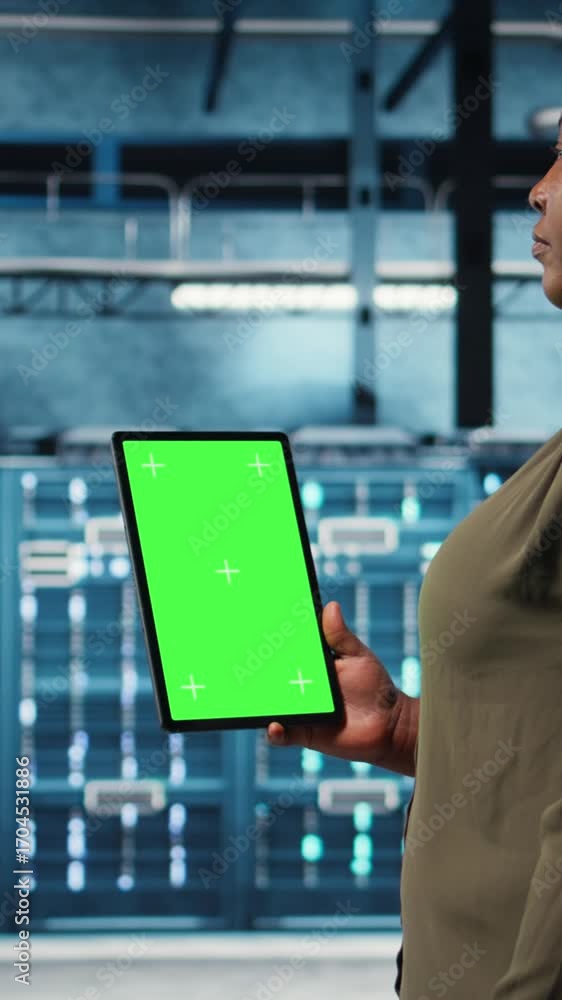 Poster vertical video admin with isolated screen tablet in data center implementing advanced power manageme