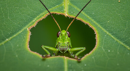 A green grasshopper peeks through a bitten leaf hole, showing detailed close-up of its face and antennae
