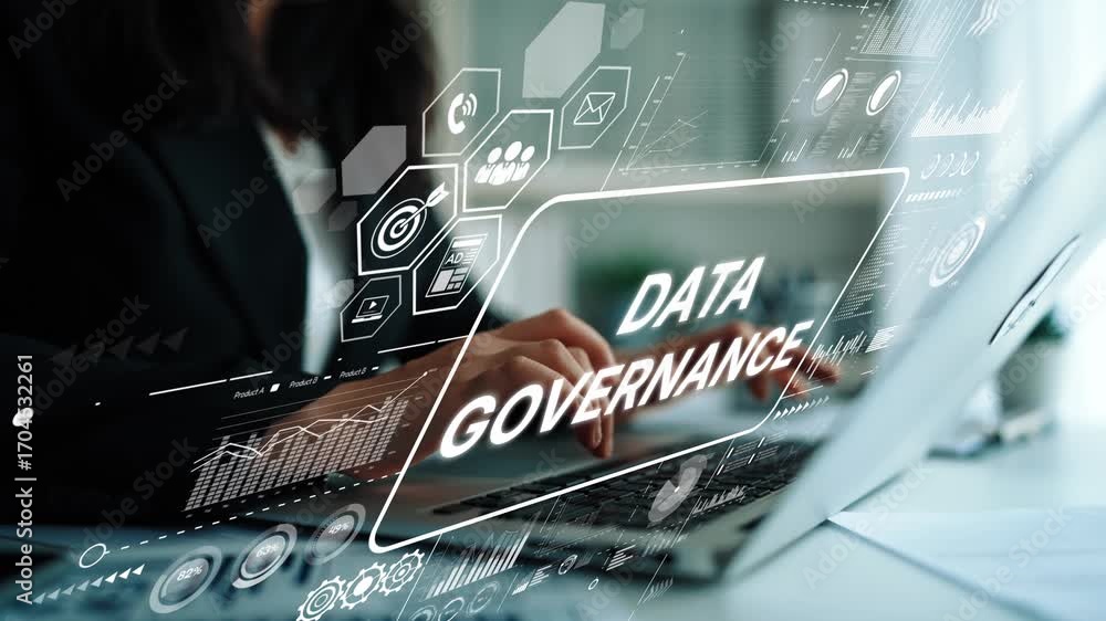 Poster professional person engaging with laptop on data governance concepts and digital analytics in modern