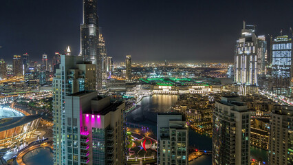 Obraz premium Dubai downtown cityscape with Burj Khalifa, LightUp light show aerial timelapse